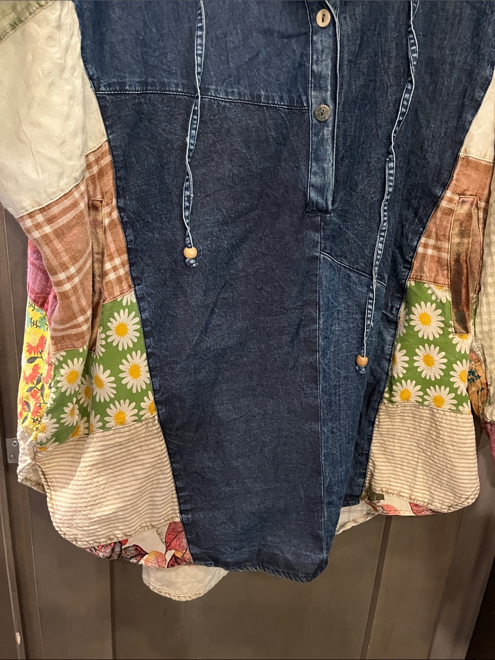 Boho style Patchwork Hooded Denim Jacket - Blue - Picture 5 of 8